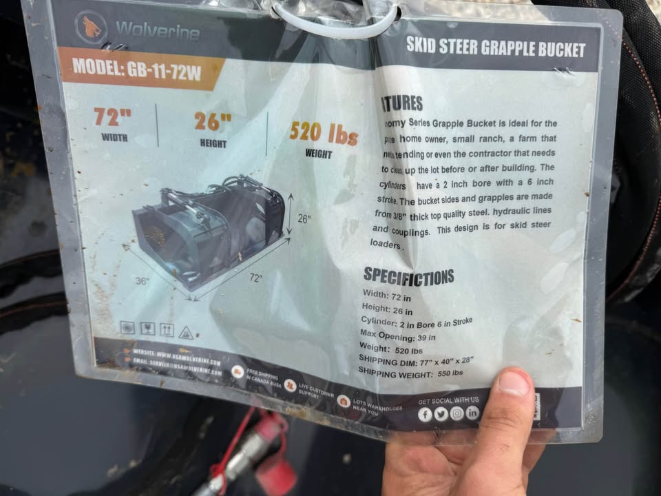 New Wolverine 72” Skidloader Grapple